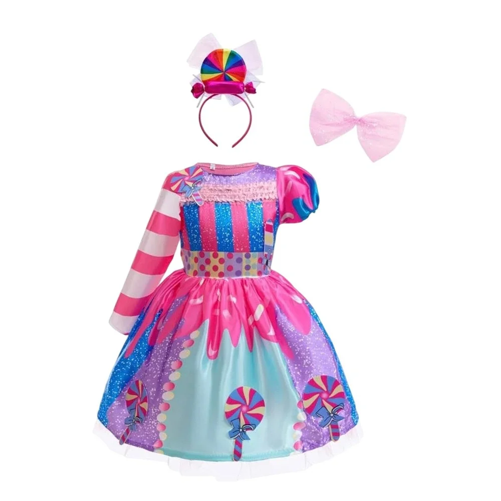 Kids Candy Land Lollipop Costume 4 pieceSet Pink Blue Rainbow Dress Wings Size M